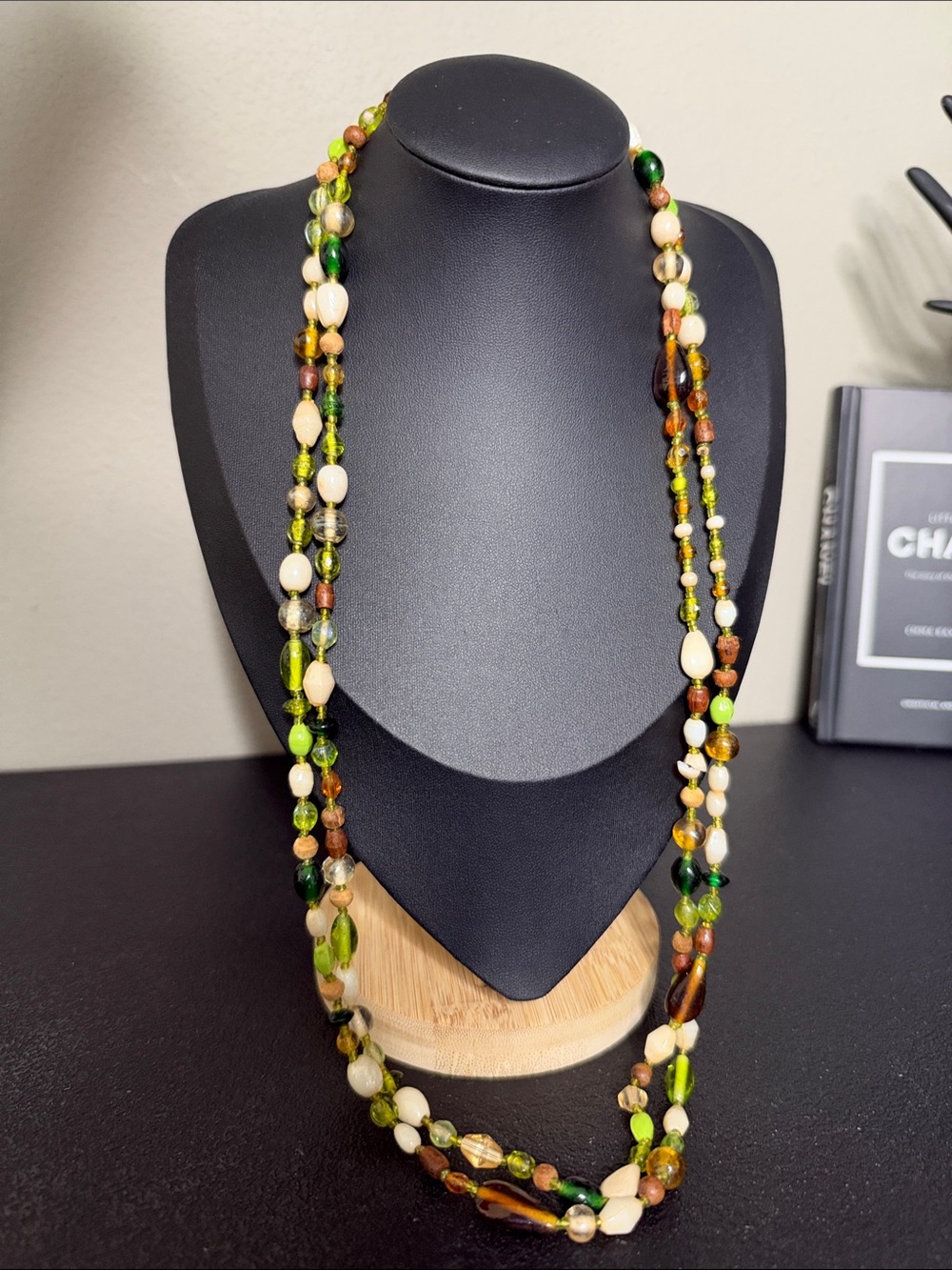 Vintage Long Glass Strand Green and Brown Beaded Necklace - Women Jewelry